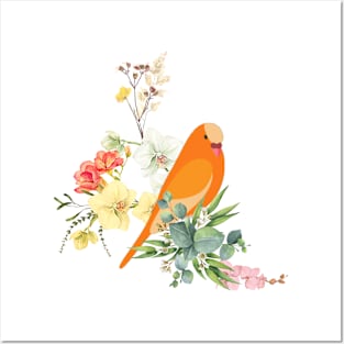 Blooming Flowers and Orange Color parrot Colorful Art Posters and Art